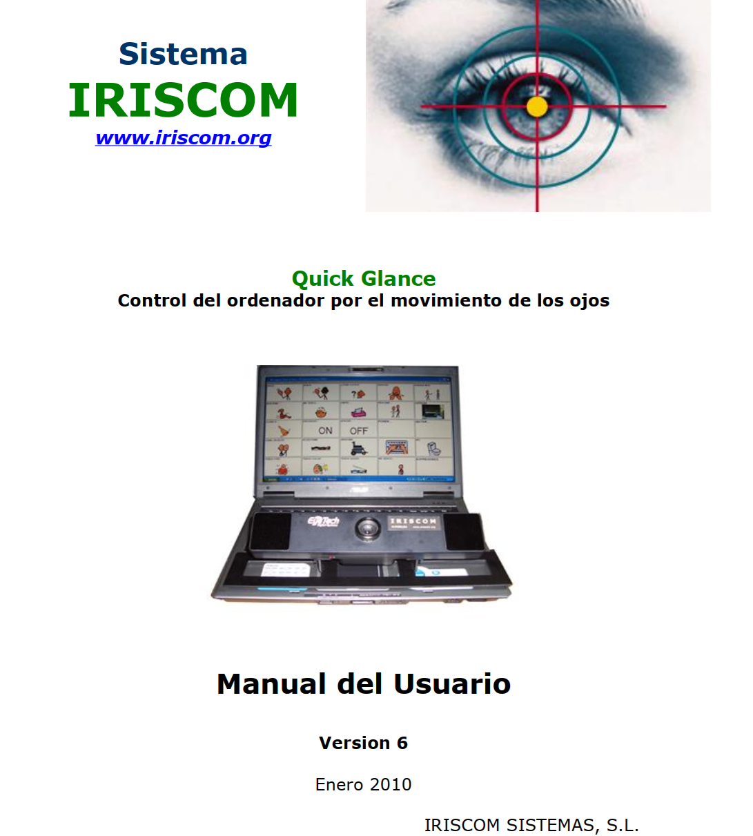 Pgina inicial del manual de l'Iriscom on es mostra un porttil que la pantalla mostra Plaphoons amb un teclat per poder escriure directament i permetre la comunicaci